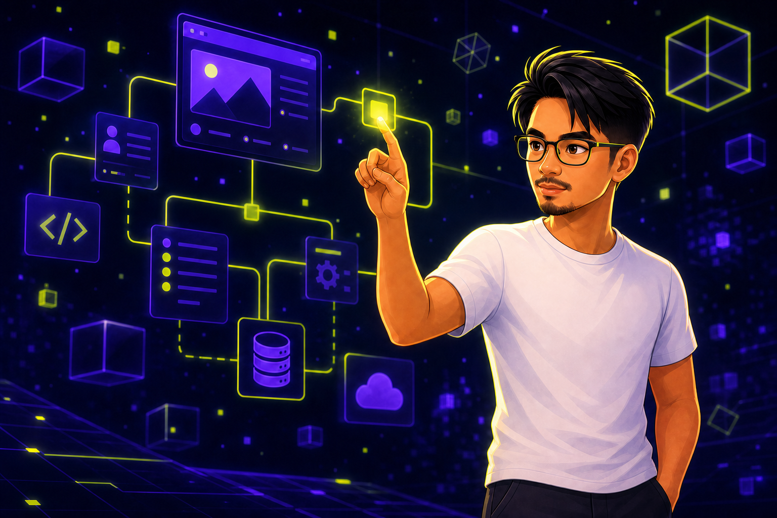 Animated Allen wearing glasses and designing a connected software architecture