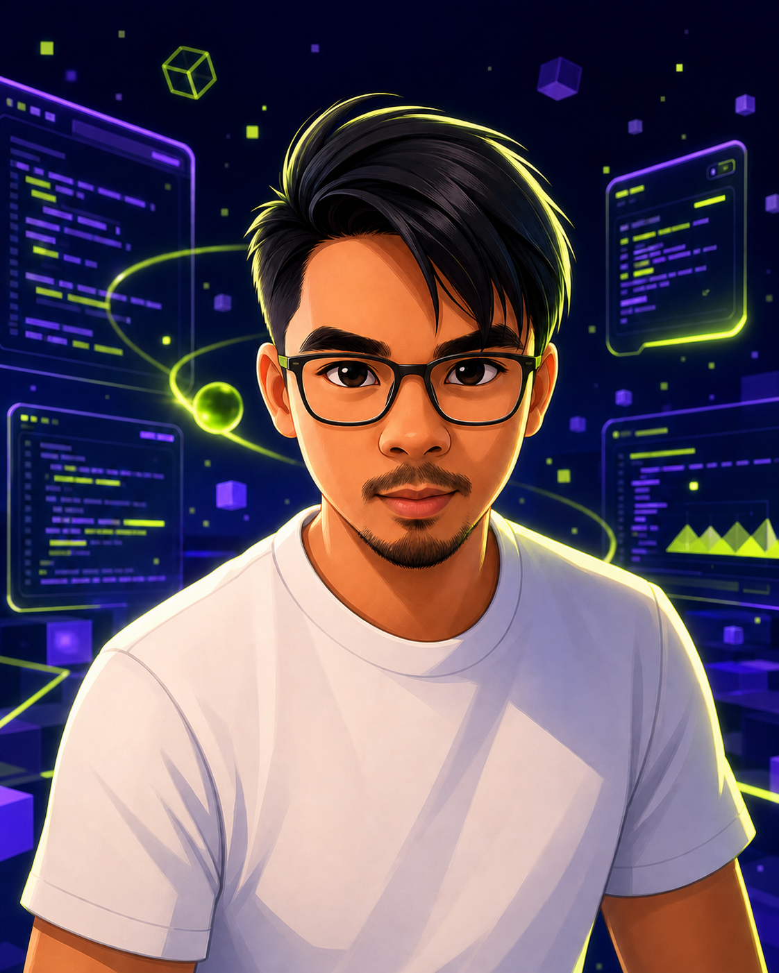 Cartoon portrait of Allen Christopher in a playful development studio