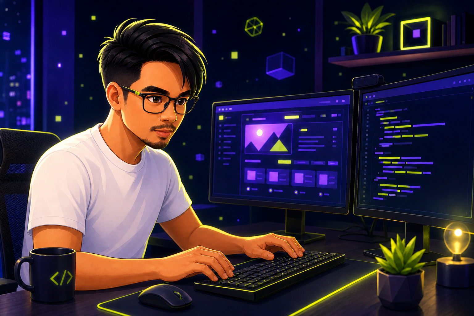 Animated Allen wearing glasses and coding a web application at his workstation